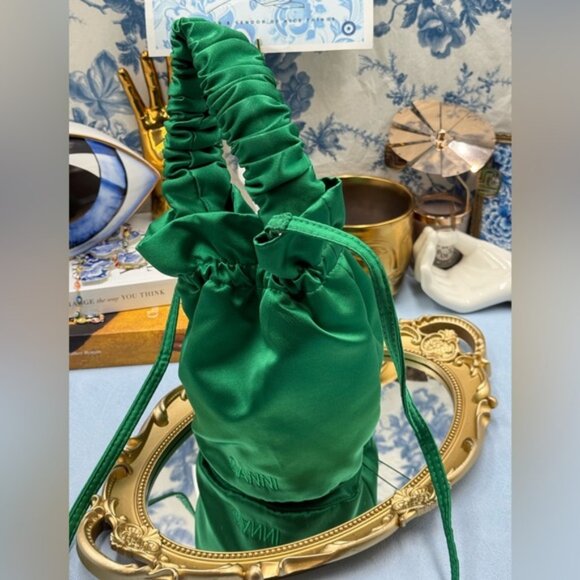 🆕 GANNI 🧿 NWOT Emerald Green Satin Pouch Bag - Top Handle & Crossbody Strap - Picture 8 of 15